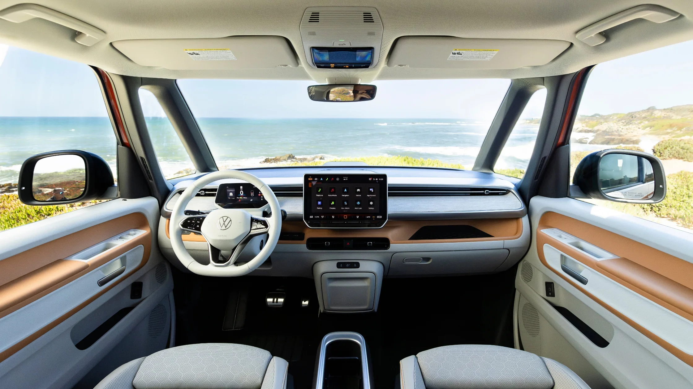 2025 Volkswagen ID. Buzz interior featuring modern tech and ocean views.