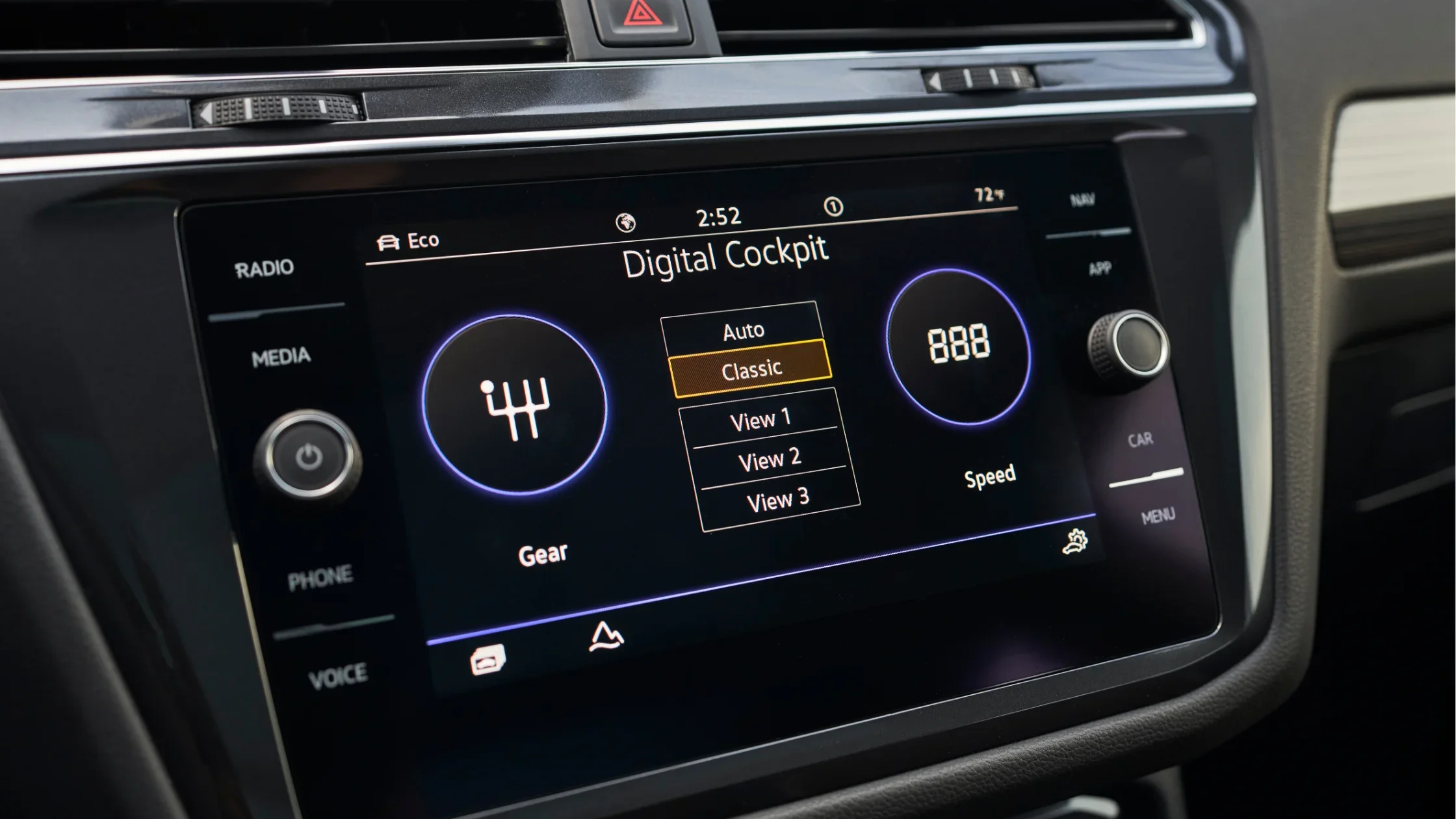 Digital cockpit display interface in the 2025 Volkswagen Tiguan SUV.