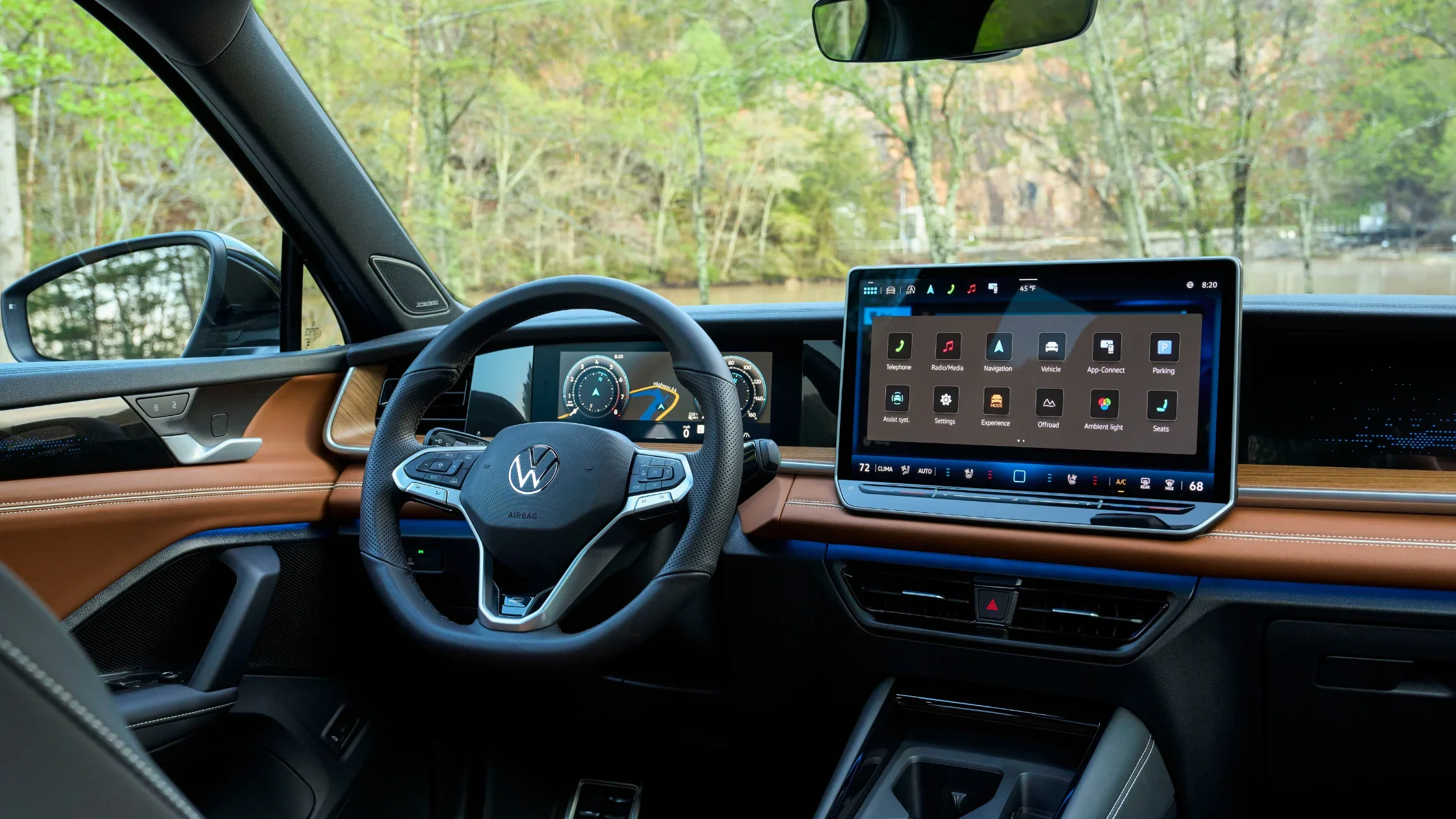 Interior dashboard of 2026 Volkswagen Tiguan SEL R-Line Turbo with digital cockpit and touchscreen controls.