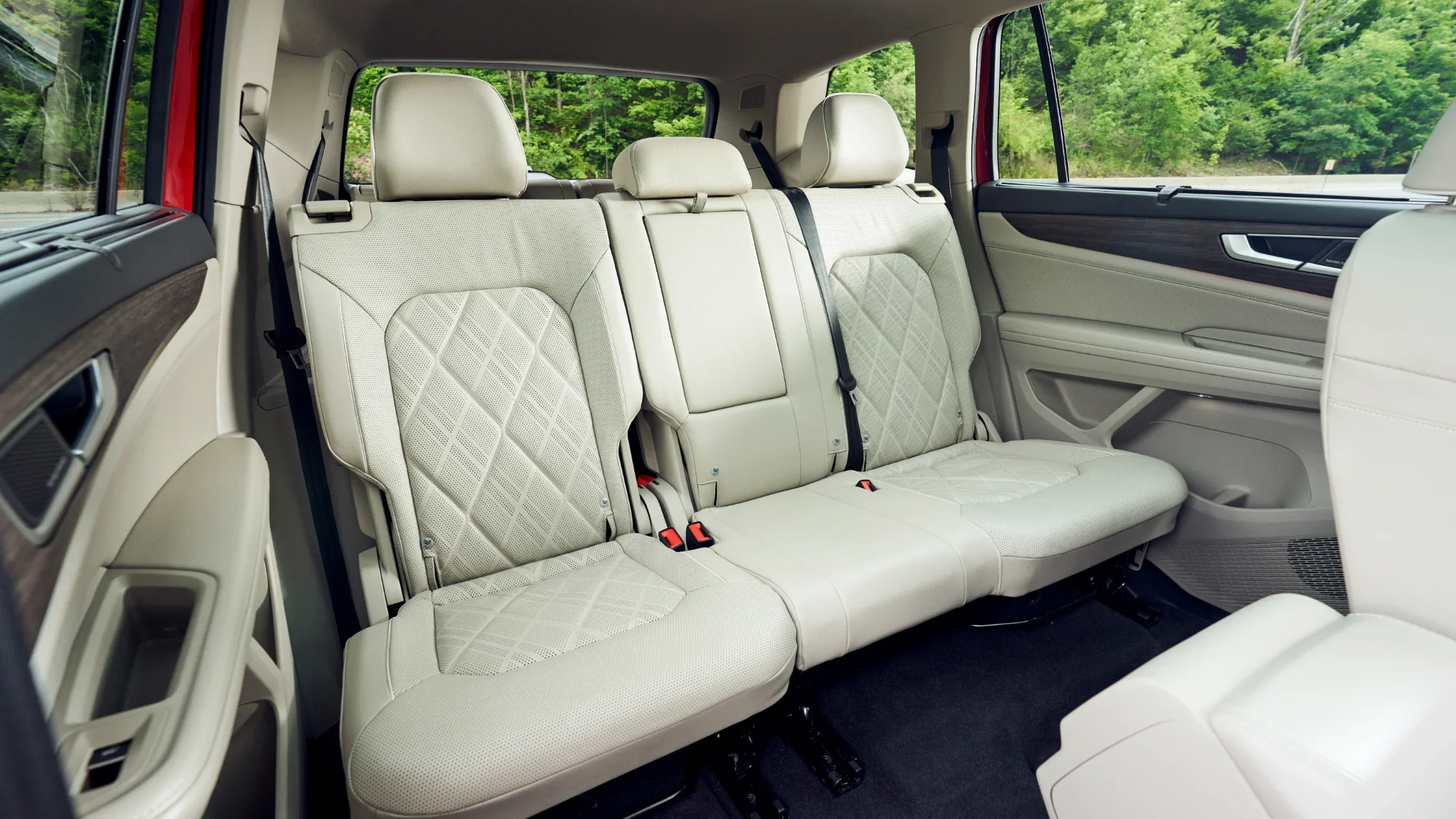 2026 Volkswagen Atlas rear passenger seats in beige leather with diamond stitching.