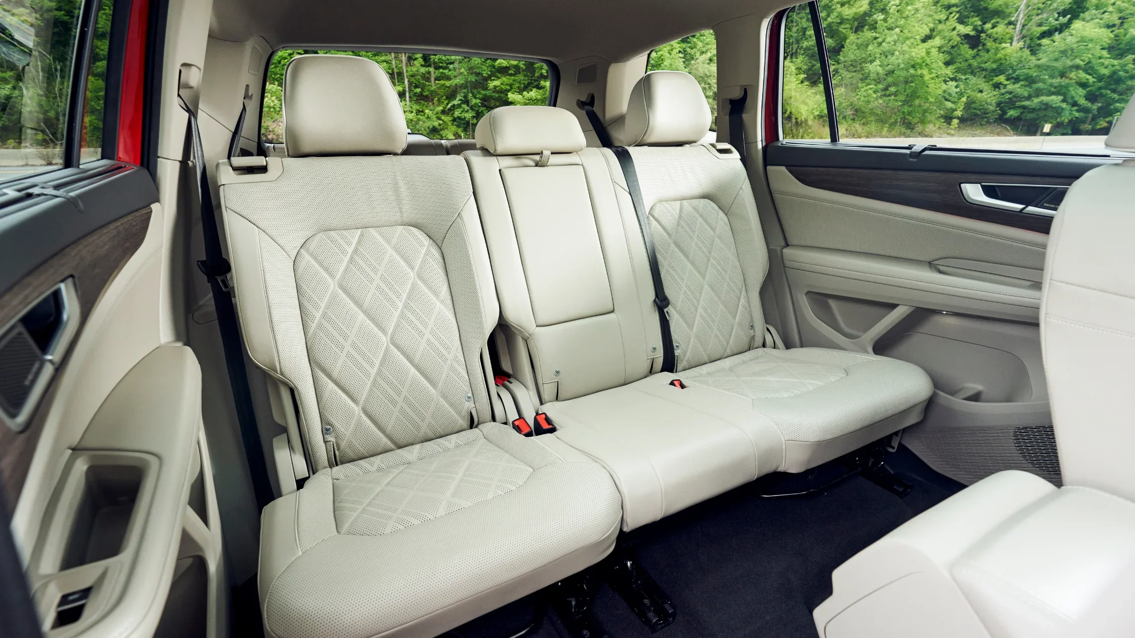 2026 Volkswagen Atlas second row seating with quilted upholstery and wide legroom.