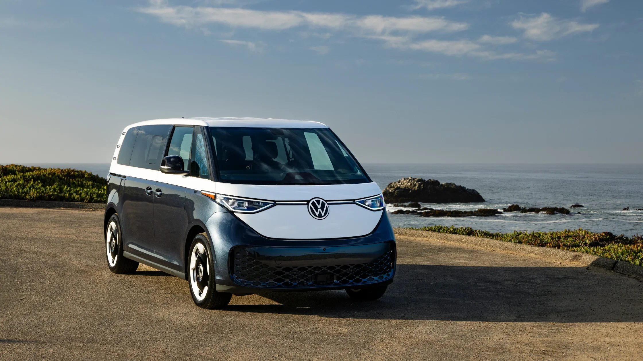2025 Volkswagen ID. Buzz exterior with a two-tone design by the ocean.