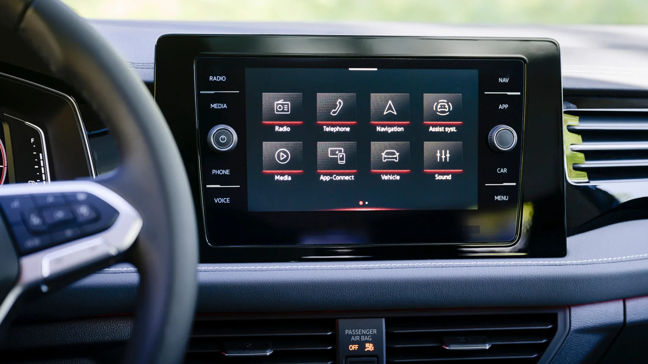 2026 Volkswagen Jetta interior infotainment screen showing navigation and vehicle controls.